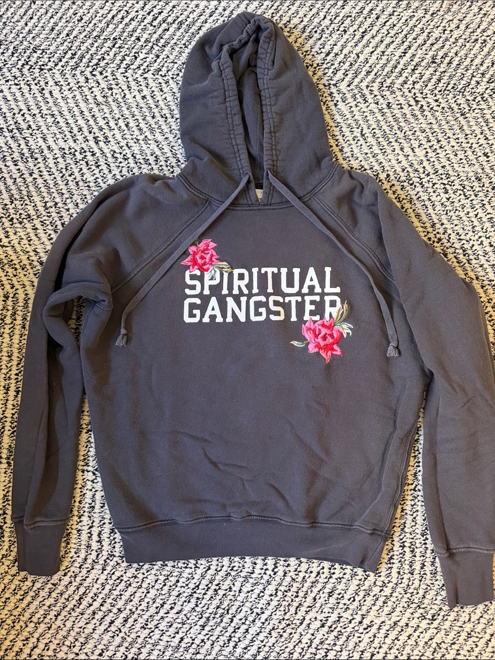 Spiritual Gangster Charcoal Crewneck Hoodie with Pink Rose Embroidery
